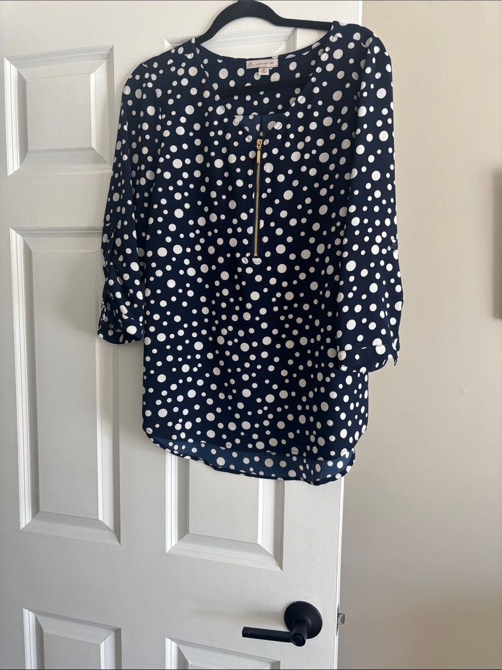 Navy Polka Dot Zip-Front Blouse by